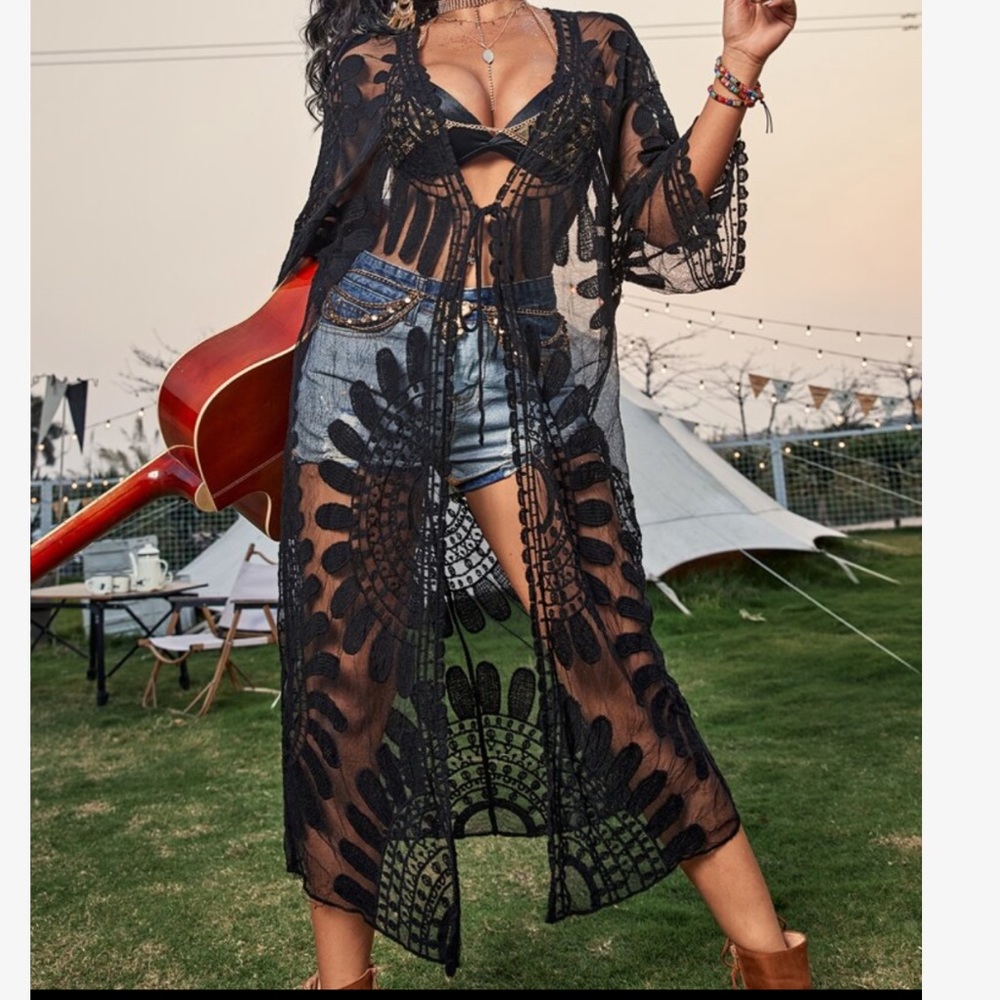 Boho Floral Sheer Mesh Lace Cover up Cardigan